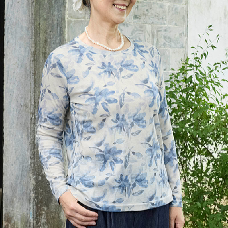 Fall Blue Floral Women's Long Sleeve T-Shirt For Older Adults - Image 6