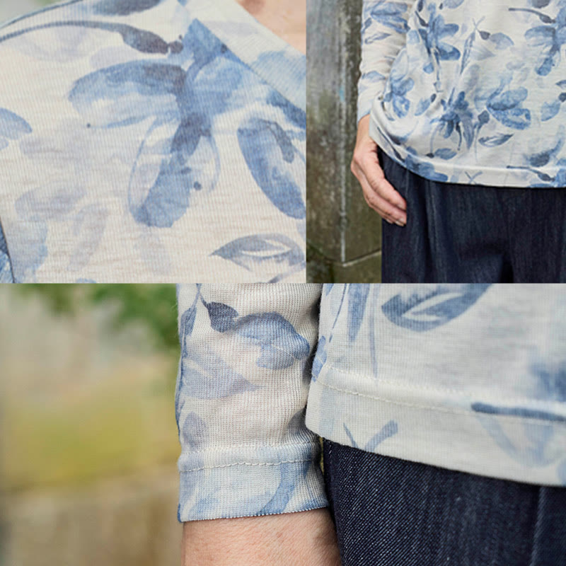 Fall Blue Floral Women's Long Sleeve T-Shirt For Older Adults - Image 14