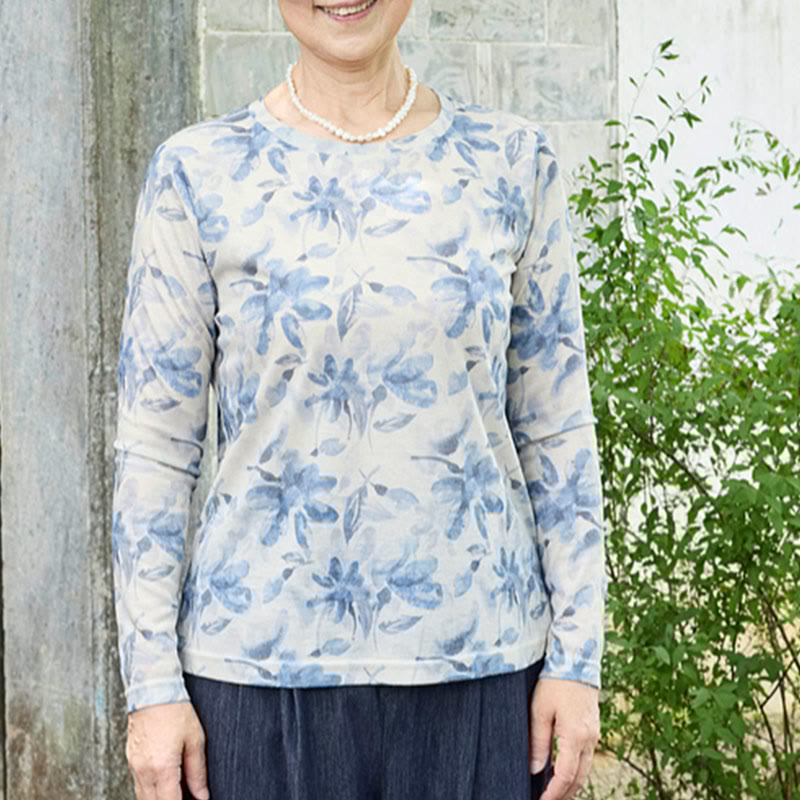 Fall Blue Floral Women's Long Sleeve T-Shirt For Older Adults - Image 4