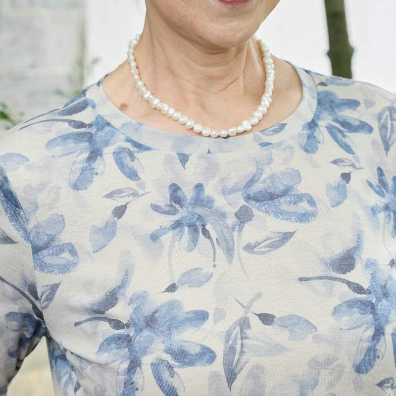 Fall Blue Floral Women's Long Sleeve T-Shirt For Older Adults - Image 10