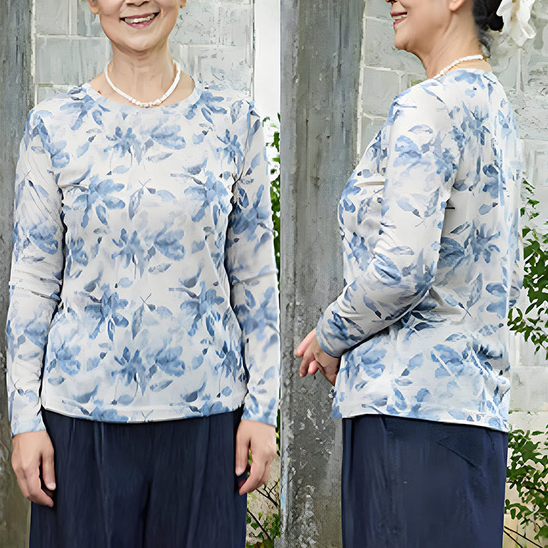 Fall Blue Floral Women's Long Sleeve T-Shirt For Older Adults - Image 9