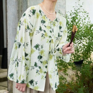 Green Floral Leaves Lace-Up Buttons Long Sleeve Women's Shirt For Older Adults