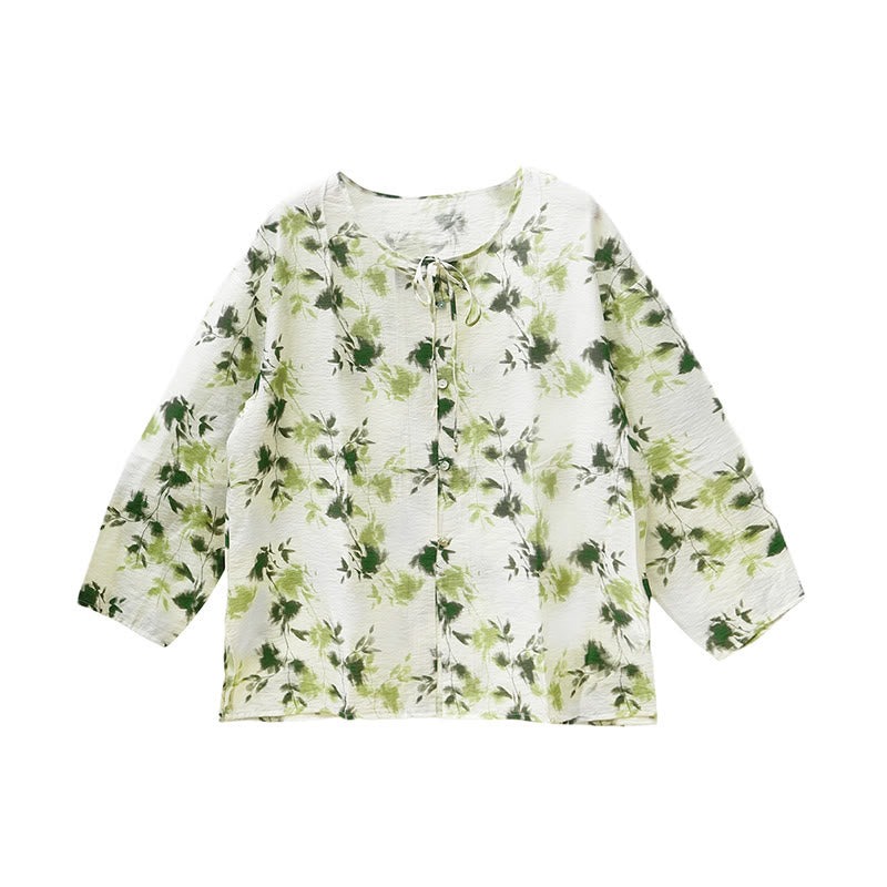 Green Floral Leaves Lace-Up Buttons Long Sleeve Women's Shirt For Older Adults - Image 6