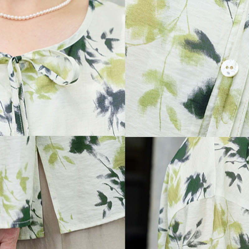 Green Floral Leaves Lace-Up Buttons Long Sleeve Women's Shirt For Older Adults - Image 14