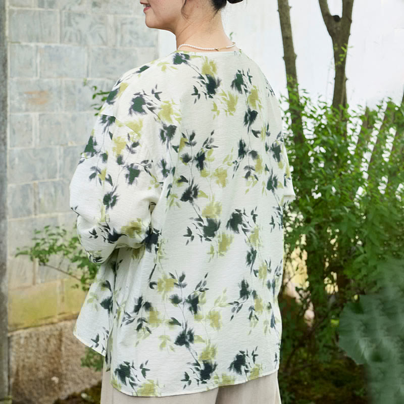 Green Floral Leaves Lace-Up Buttons Long Sleeve Women's Shirt For Older Adults - Image 5