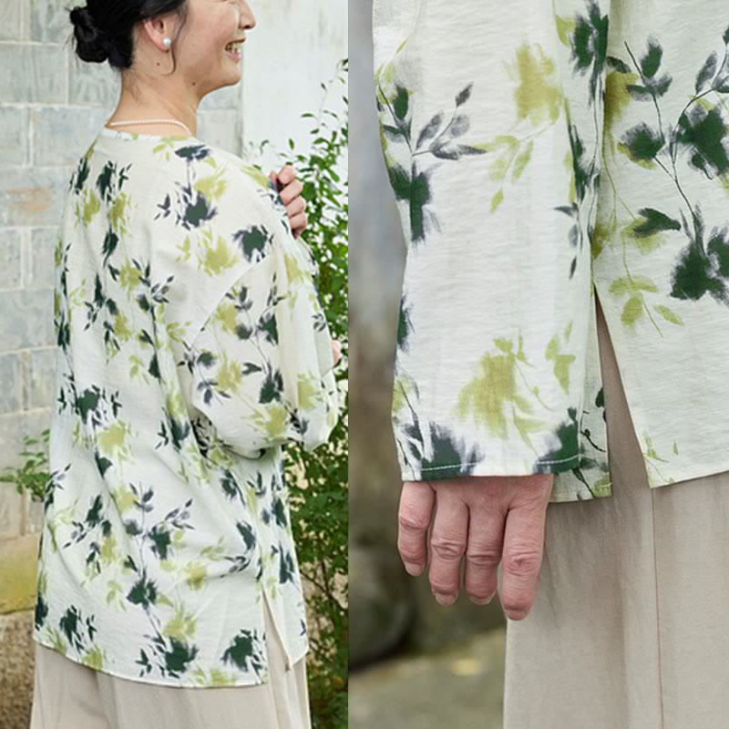 Green Floral Leaves Lace-Up Buttons Long Sleeve Women's Shirt For Older Adults - Image 16