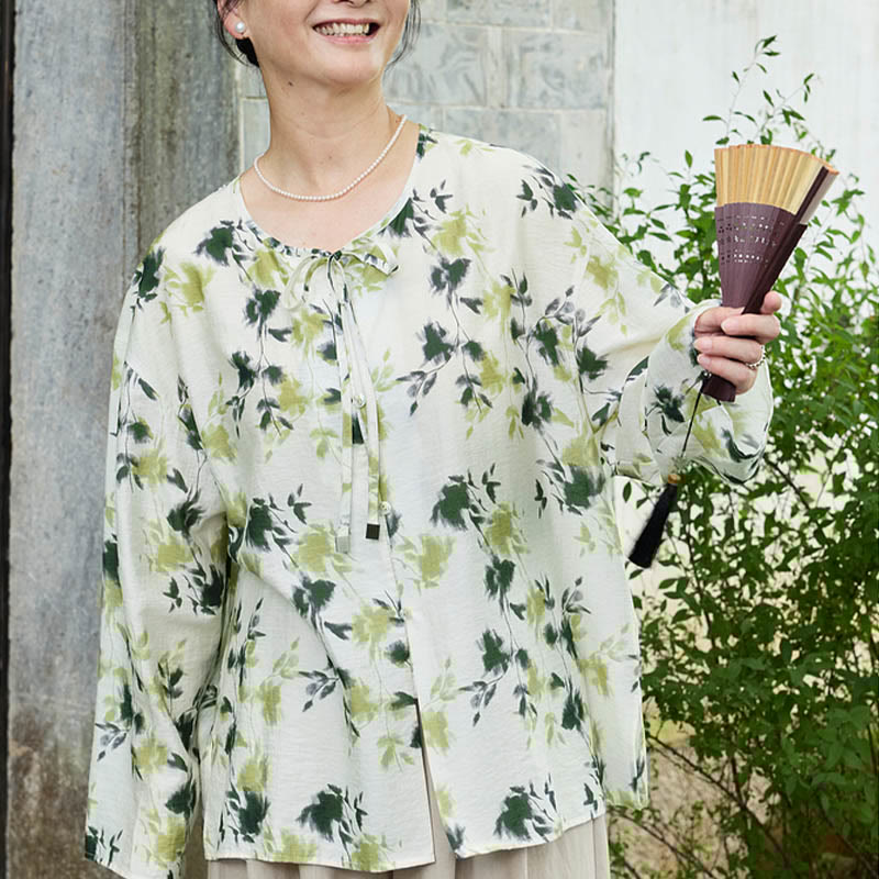 Green Floral Leaves Lace-Up Buttons Long Sleeve Women's Shirt For Older Adults - Image 3