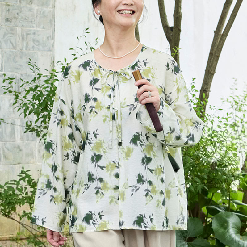 Green Floral Leaves Lace-Up Buttons Long Sleeve Women's Shirt For Older Adults - Image 11