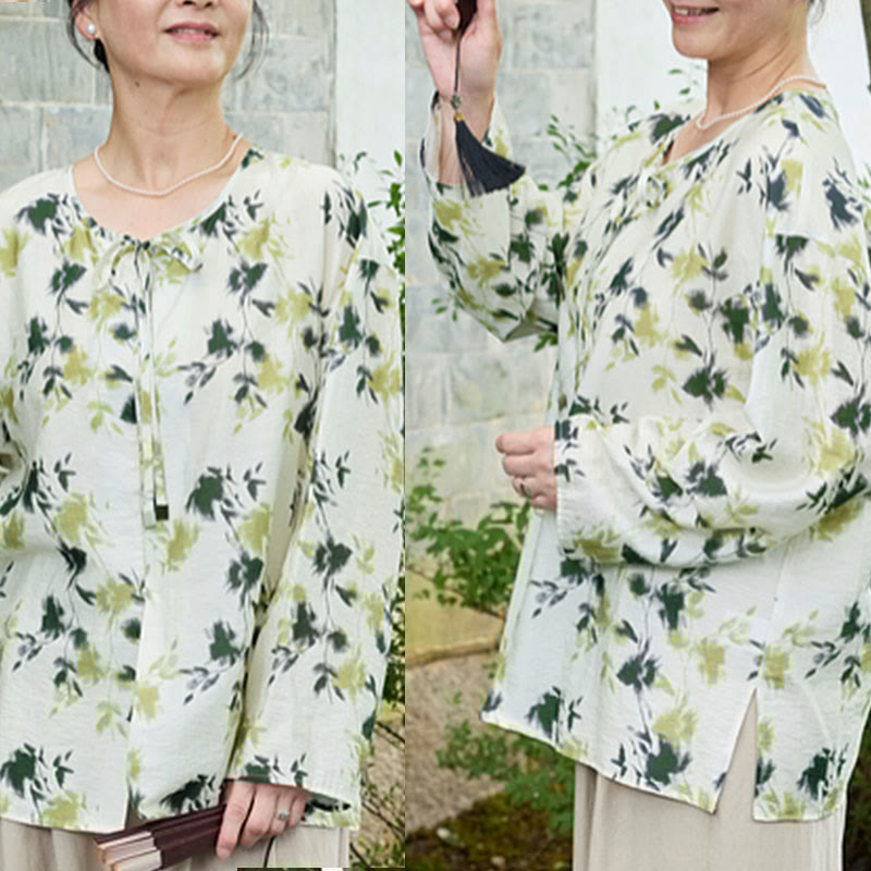 Green Floral Leaves Lace-Up Buttons Long Sleeve Women's Shirt For Older Adults - Image 13