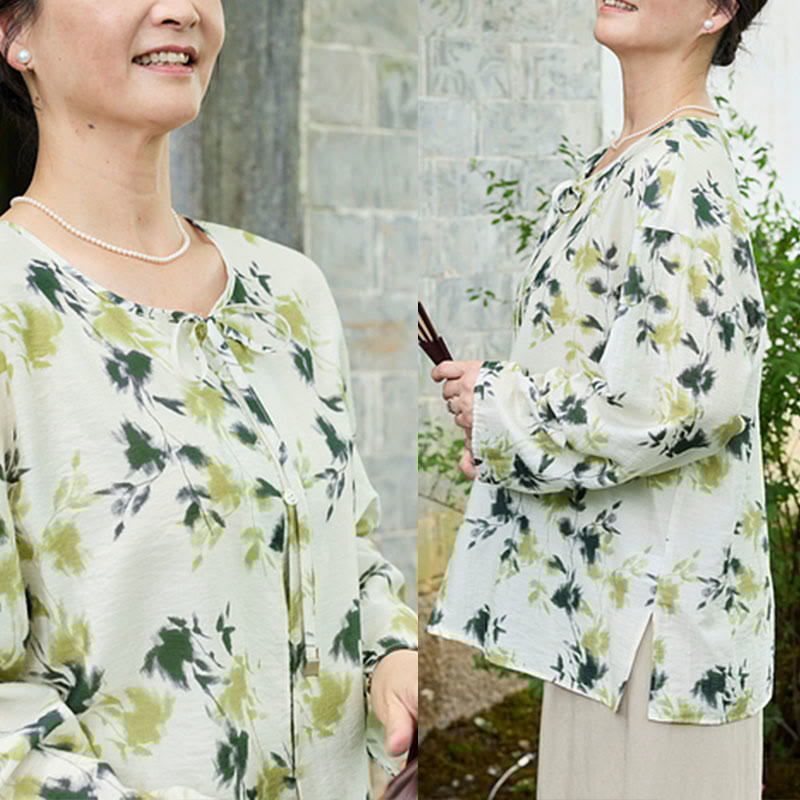 Green Floral Leaves Lace-Up Buttons Long Sleeve Women's Shirt For Older Adults - Image 12