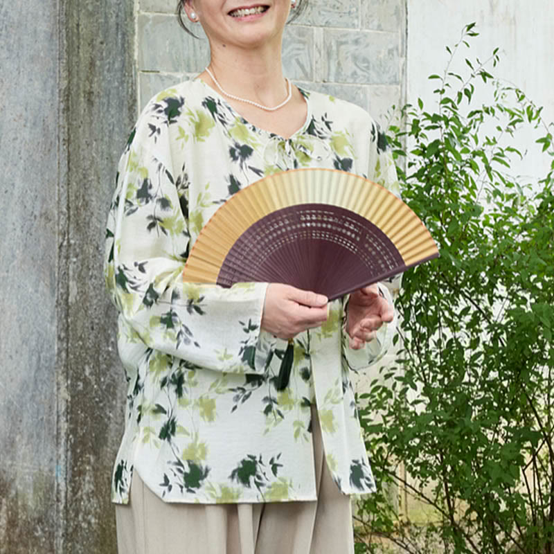 Green Floral Leaves Lace-Up Buttons Long Sleeve Women's Shirt For Older Adults - Image 9