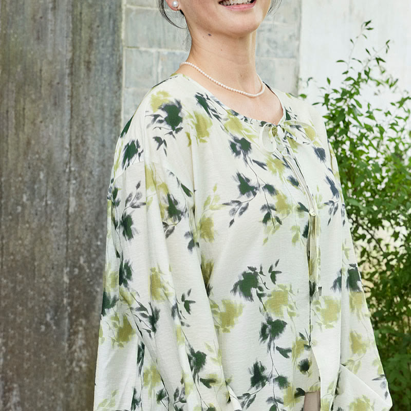 Green Floral Leaves Lace-Up Buttons Long Sleeve Women's Shirt For Older Adults - Image 19