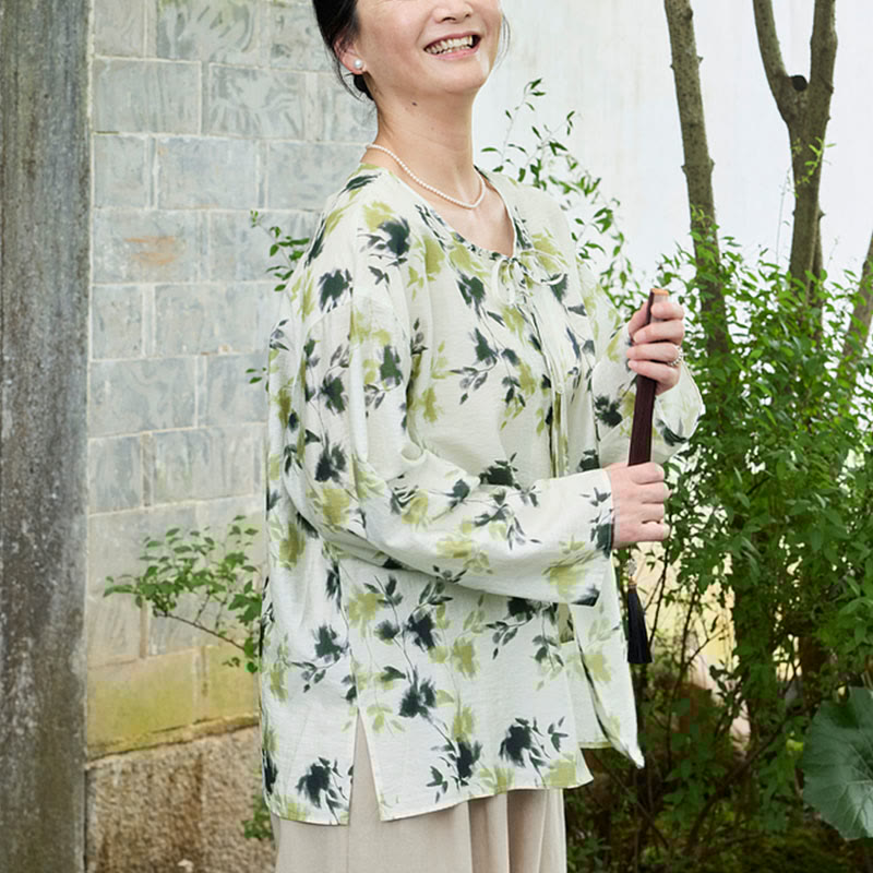 Green Floral Leaves Lace-Up Buttons Long Sleeve Women's Shirt For Older Adults - Image 7