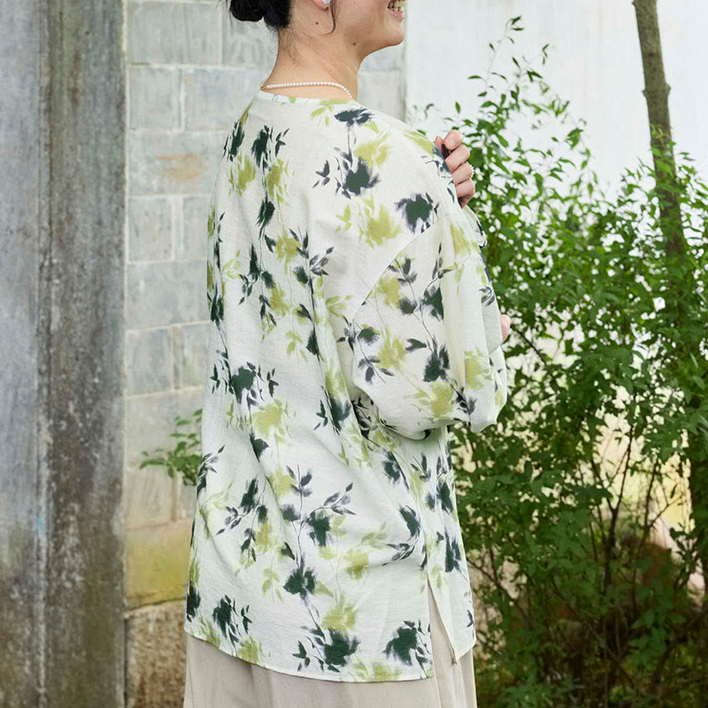 Green Floral Leaves Lace-Up Buttons Long Sleeve Women's Shirt For Older Adults - Image 4