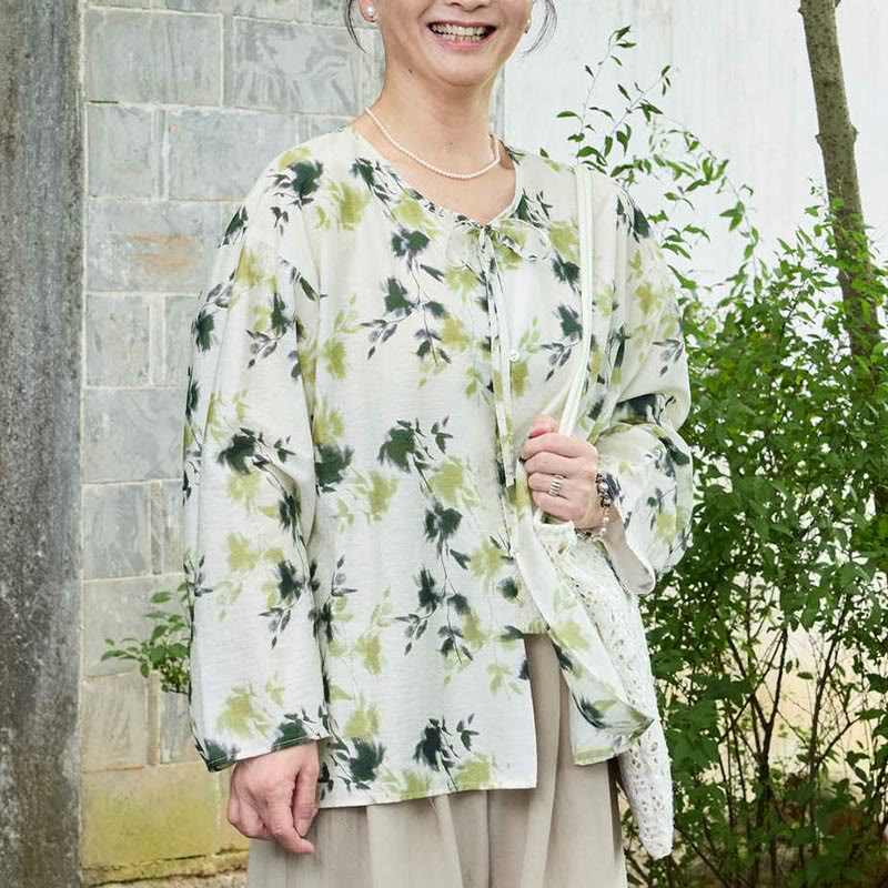 Green Floral Leaves Lace-Up Buttons Long Sleeve Women's Shirt For Older Adults - Image 2