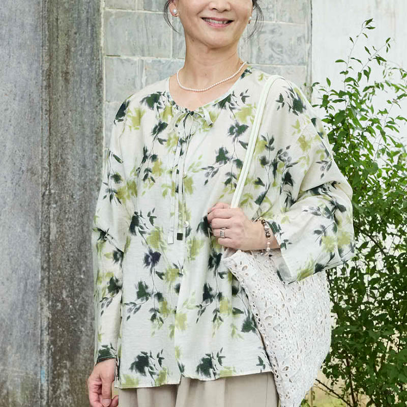 Green Floral Leaves Lace-Up Buttons Long Sleeve Women's Shirt For Older Adults - Image 10