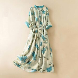 Half Sleeve Color Contrast Floral Pattern Midi Dress With Pockets