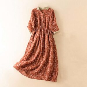 Half Sleeve Color Contrast Floral Pattern Midi Dress With Pockets - Image 21