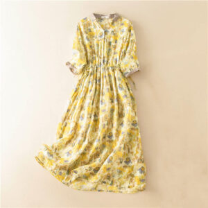 Half Sleeve Color Contrast Floral Pattern Midi Dress With Pockets - Image 14