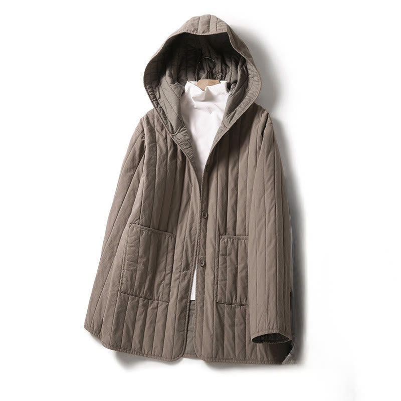 Cord Design Quilting Women's Long Sleeve Cotton Hoodie Jacket With Pocket