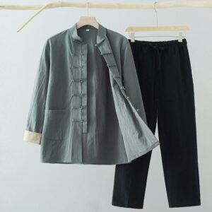 2Pcs Tang Suit Men's Frog-Button Cotton Long Sleeve Shirt Pants Set With Pockets