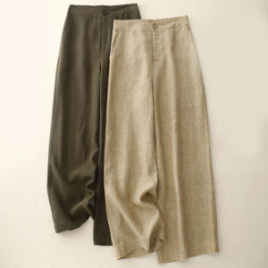 Casual Plain Women's Cotton Linen Elastic Waist Wide Leg Pants With Pockets