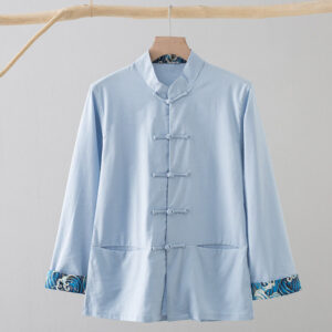 Solid Embroidered Waves Long Sleeve Frog-Button Cotton Linen Men's Shirt - Image 16