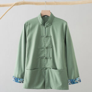 Solid Embroidered Waves Long Sleeve Frog-Button Cotton Linen Men's Shirt