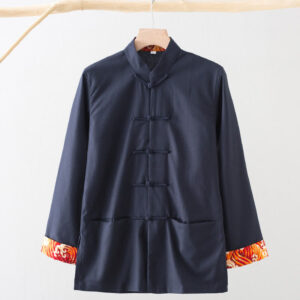 Solid Embroidered Waves Long Sleeve Frog-Button Cotton Linen Men's Shirt - Image 13