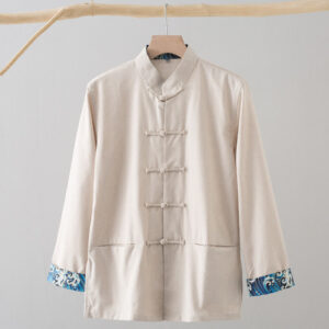 Solid Embroidered Waves Long Sleeve Frog-Button Cotton Linen Men's Shirt - Image 15