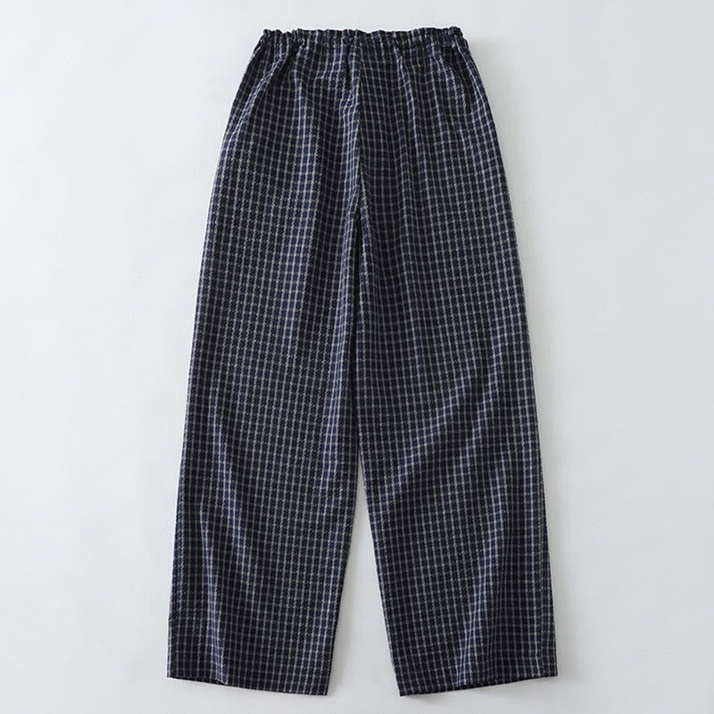 Casual Plaid Pattern Women's Cotton Wide Leg Pants With Pockets - Image 2
