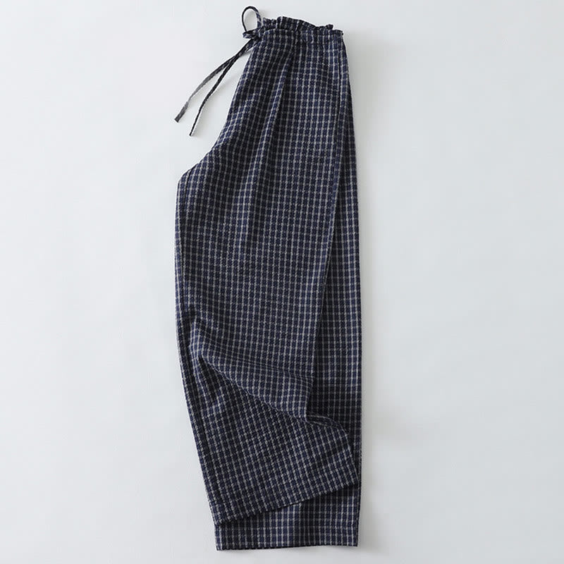 Casual Plaid Pattern Women's Cotton Wide Leg Pants With Pockets - Image 3
