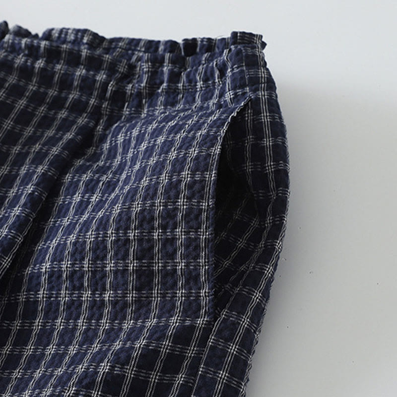 Casual Plaid Pattern Women's Cotton Wide Leg Pants With Pockets - Image 6