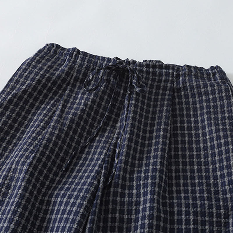 Casual Plaid Pattern Women's Cotton Wide Leg Pants With Pockets - Image 5