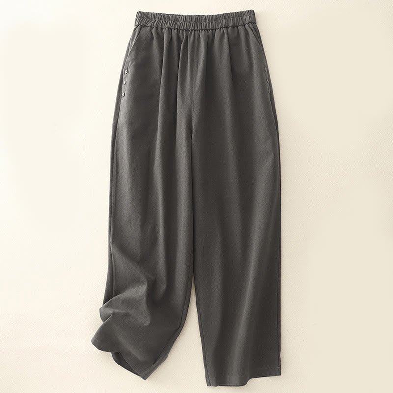 Casual Snap Buttons Women's Cotton Polyester Pants With Pockets - Image 12