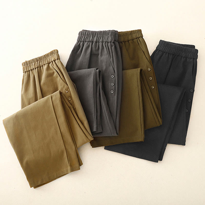 Casual Snap Buttons Women's Cotton Polyester Pants With Pockets - Image 17