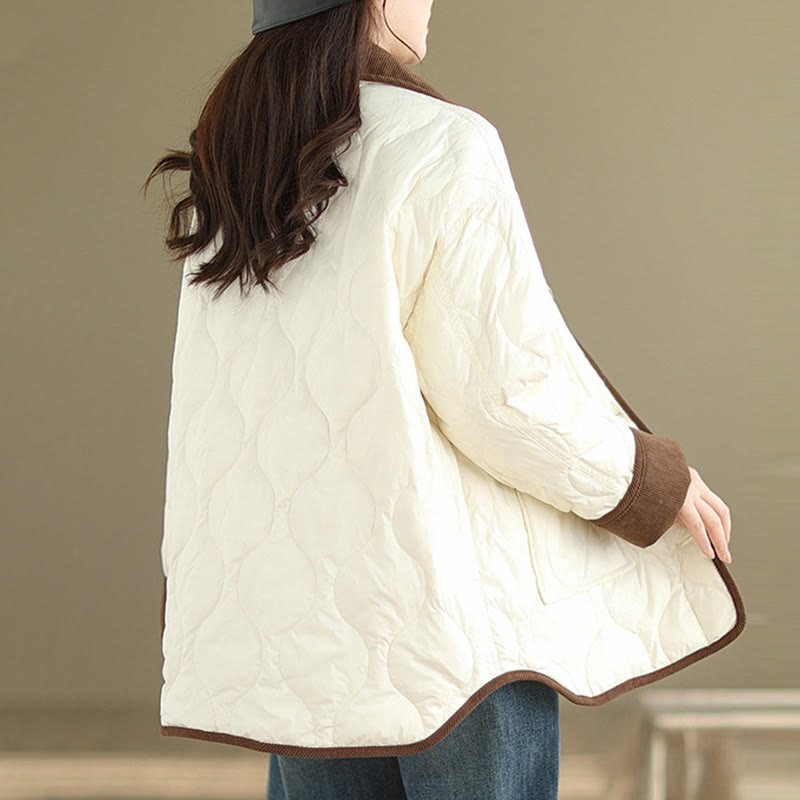 Contrasting Color Lapel Women's Long Sleeve Cotton Jacket With Pockets - Image 2