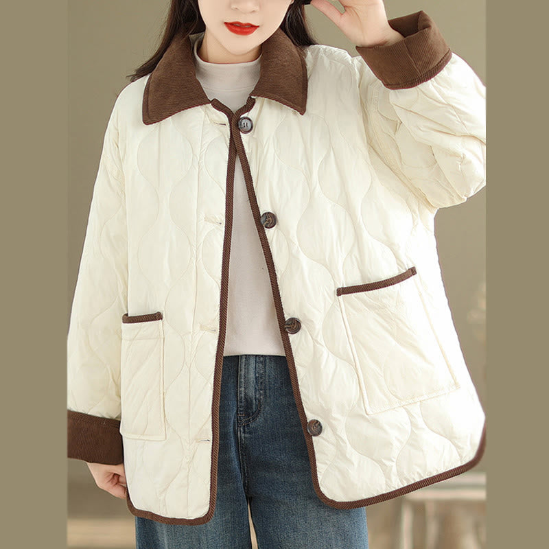 Contrasting Color Lapel Women's Long Sleeve Cotton Jacket With Pockets - Image 4