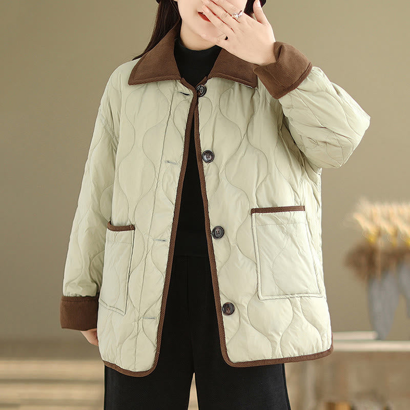 Contrasting Color Lapel Women's Long Sleeve Cotton Jacket With Pockets - Image 15