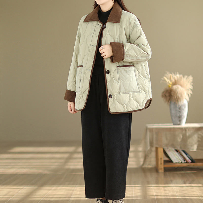 Contrasting Color Lapel Women's Long Sleeve Cotton Jacket With Pockets - Image 19