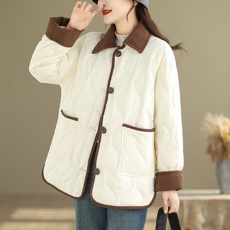 Contrasting Color Lapel Women's Long Sleeve Cotton Jacket With Pockets - Image 3