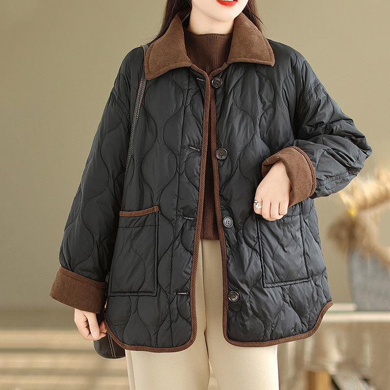 Contrasting Color Lapel Women's Long Sleeve Cotton Jacket With Pockets - Image 9