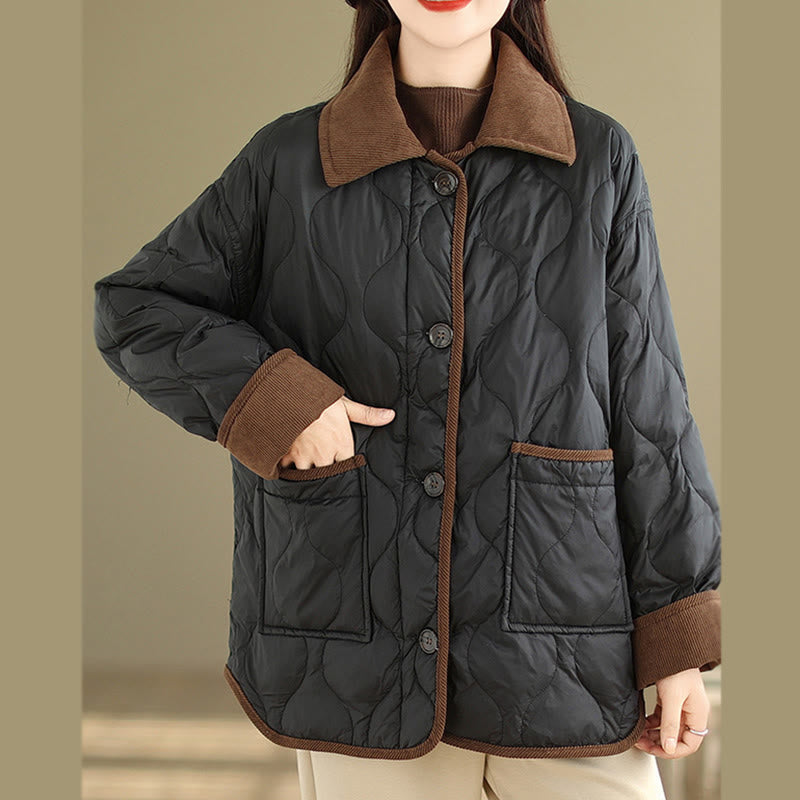 Contrasting Color Lapel Women's Long Sleeve Cotton Jacket With Pockets - Image 10
