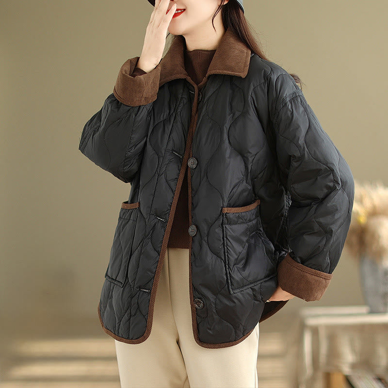 Contrasting Color Lapel Women's Long Sleeve Cotton Jacket With Pockets - Image 6