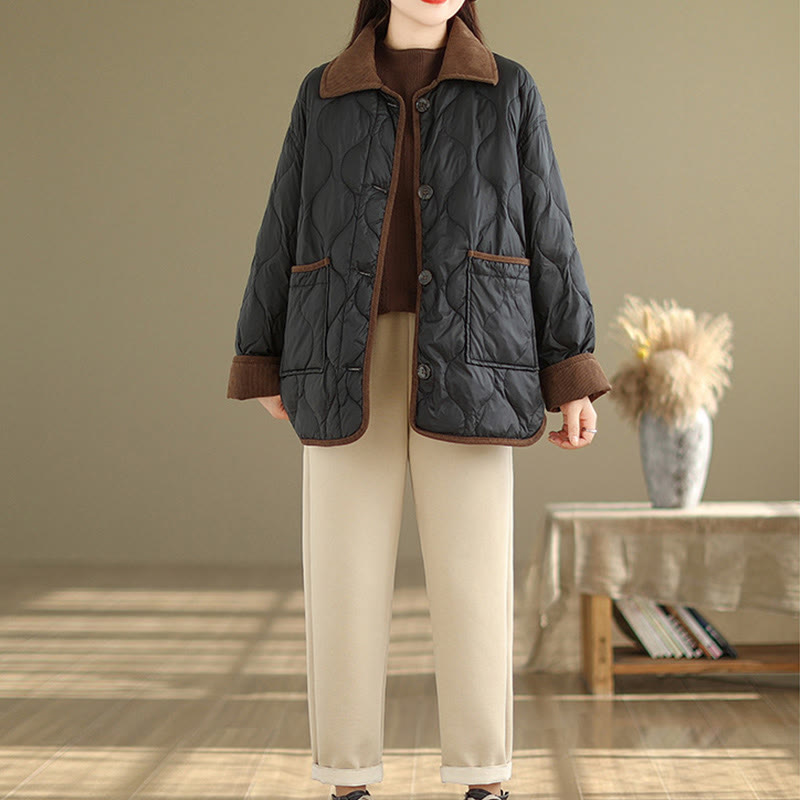 Contrasting Color Lapel Women's Long Sleeve Cotton Jacket With Pockets - Image 11