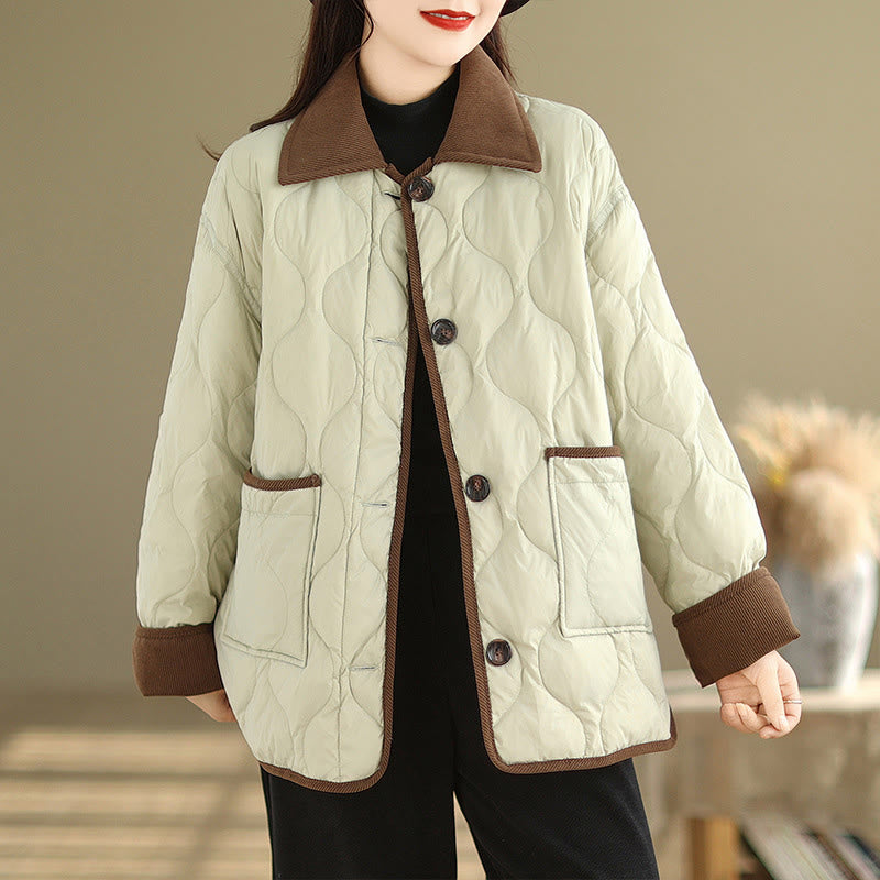 Contrasting Color Lapel Women's Long Sleeve Cotton Jacket With Pockets - Image 14