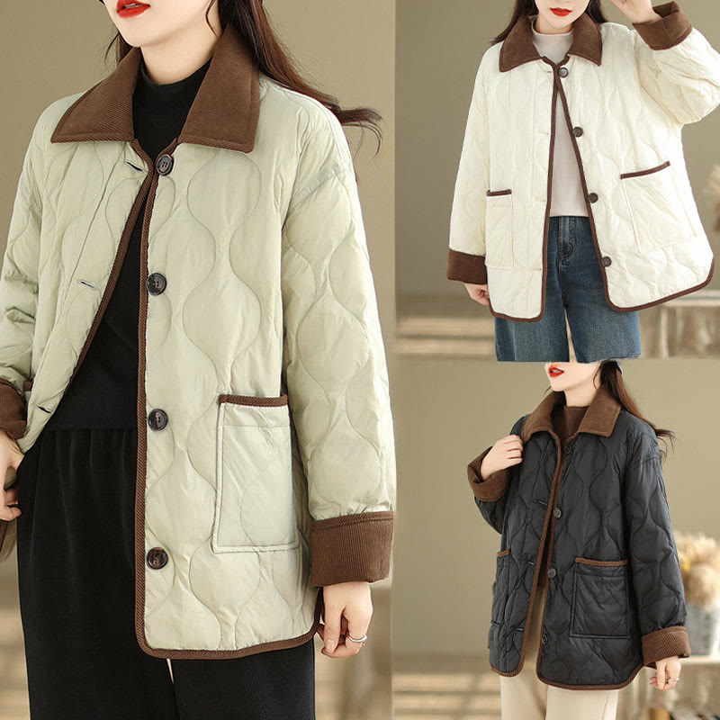 Contrasting Color Lapel Women's Long Sleeve Cotton Jacket With Pockets - Image 25