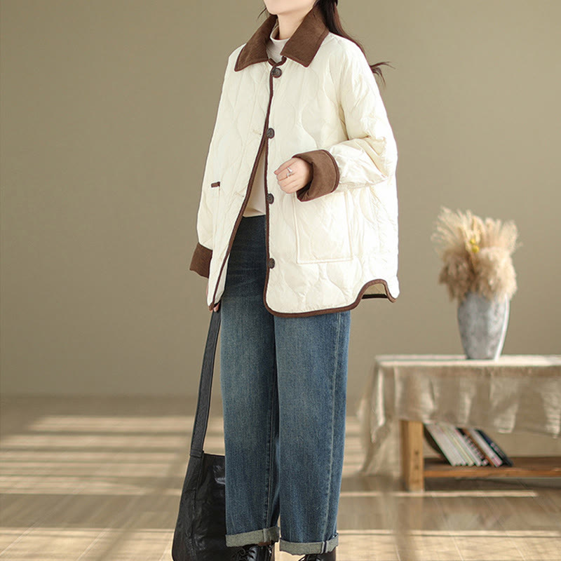 Contrasting Color Lapel Women's Long Sleeve Cotton Jacket With Pockets - Image 5