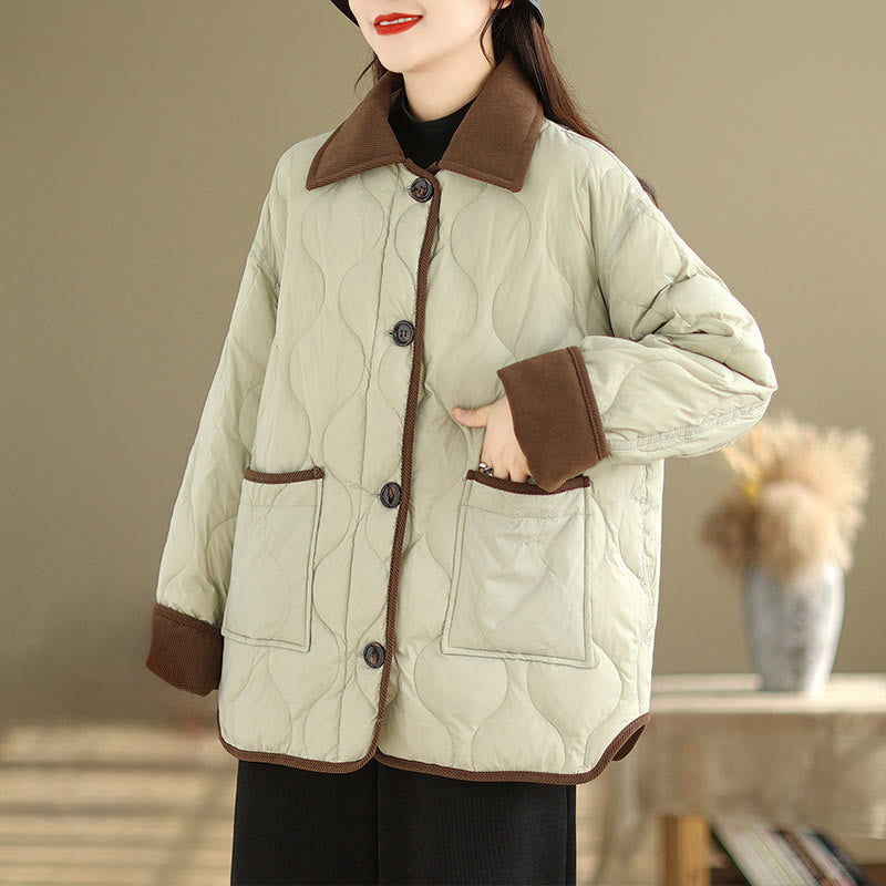 Contrasting Color Lapel Women's Long Sleeve Cotton Jacket With Pockets - Image 17