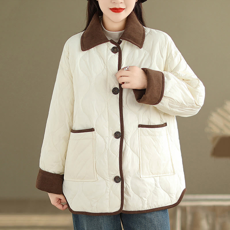 Contrasting Color Lapel Women's Long Sleeve Cotton Jacket With Pockets